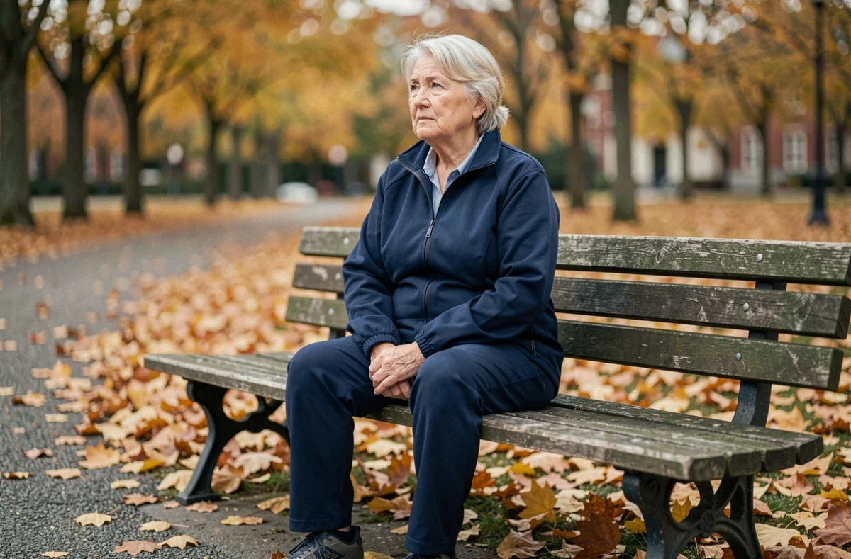 Femme retraitée ancienne aide-soignante assise sur un banc de parc en automne
