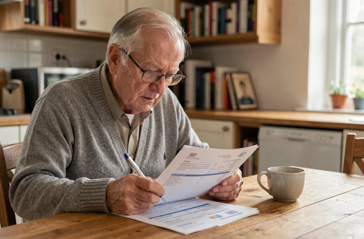Un homme senior de 75 ans examinant des documents administratifs liés au certificat médical pour le permis de conduire à son domicile