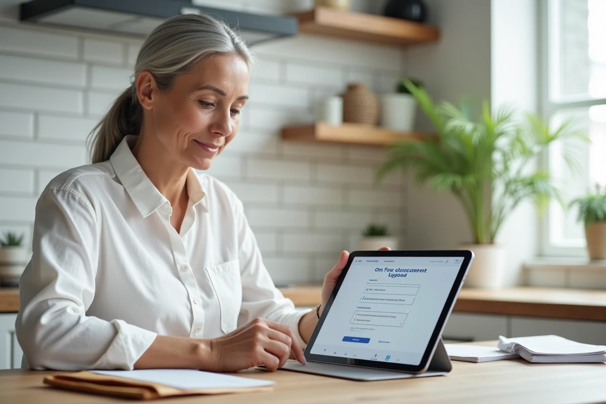 Femme senior envoyant des documents à Agirc Arrco via le formulaire en ligne sur sa tablette dans sa cuisine