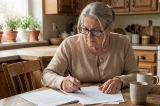 Femme senior examinant attentivement un devis de services à domicile à sa table de cuisine