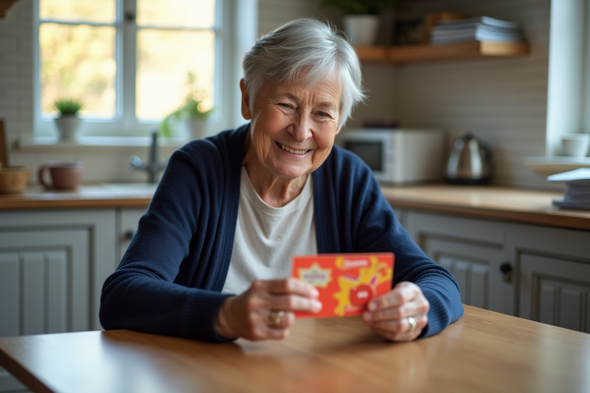 Femme âgée souriante avec sa carte de réduction senior