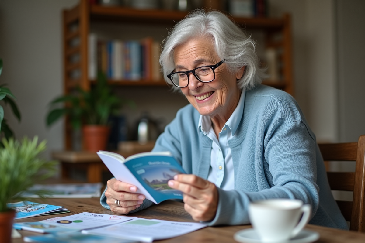 Femme senior lisant une carte SNCF dans la cuisine