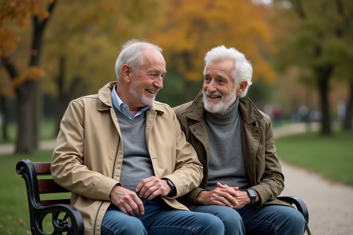 Père âgé portant une montre connectée senior et son fils adulte réunis dans un parc, sécurisés grâce au suivi GPS pour Alzheimer
