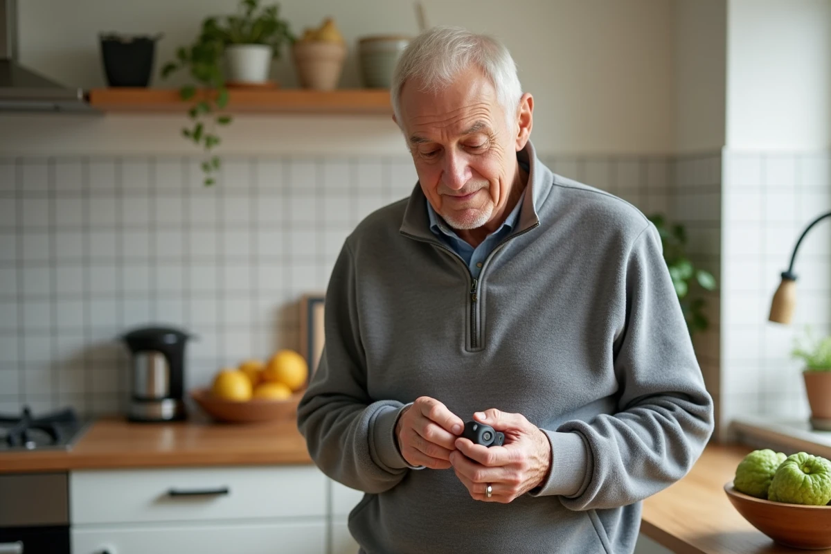 Homme senior tenant un détecteur de chute connecté dans une cuisine, découvrant le dispositif avec curiosité et sérénité