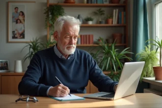 Homme senior en train de mettre à jour son CV à la maison