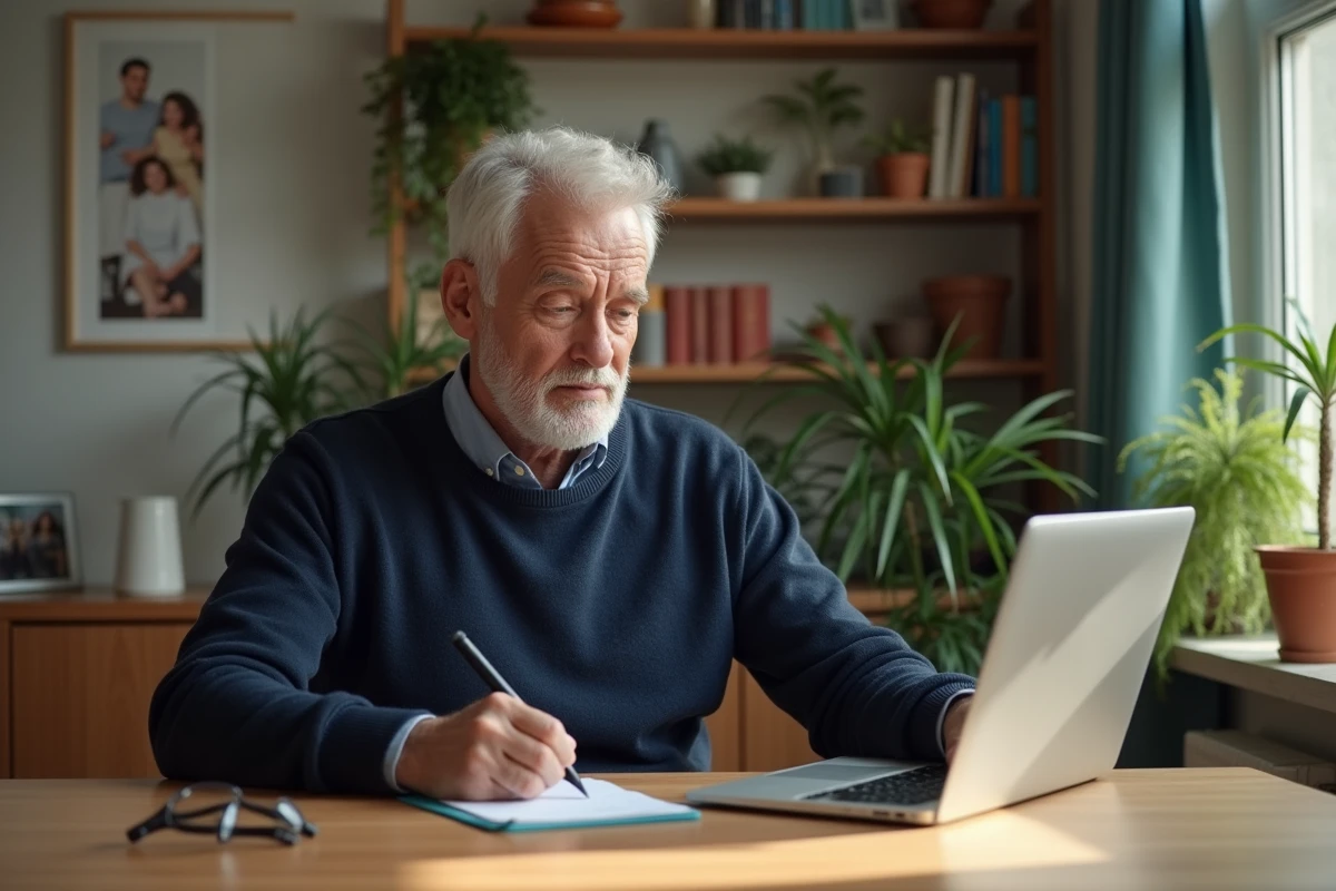 Homme senior en train de mettre à jour son CV à la maison
