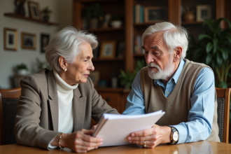 Un père âgé remet un dossier à sa fille dans un salon chaleureux