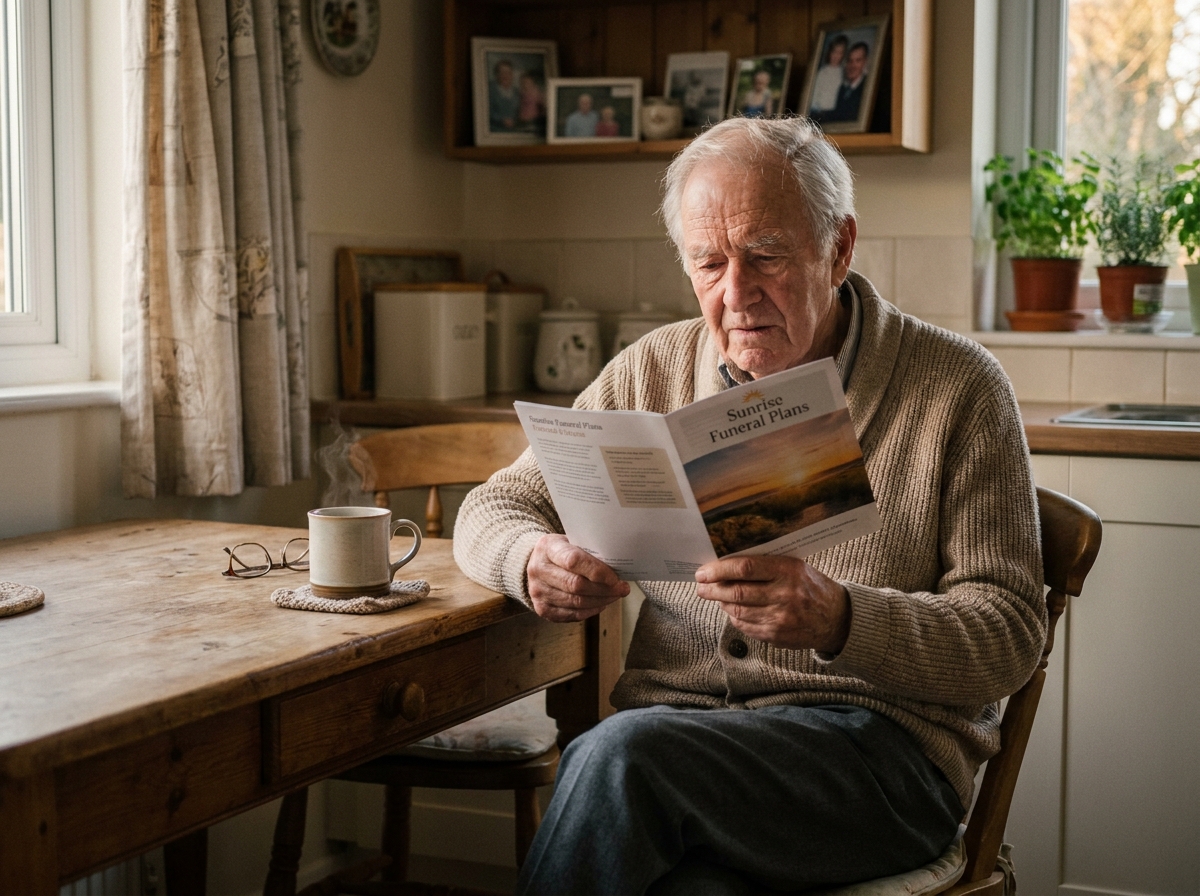 Senior homme consultant une brochure de préparation des obsèques chez lui à la cuisine