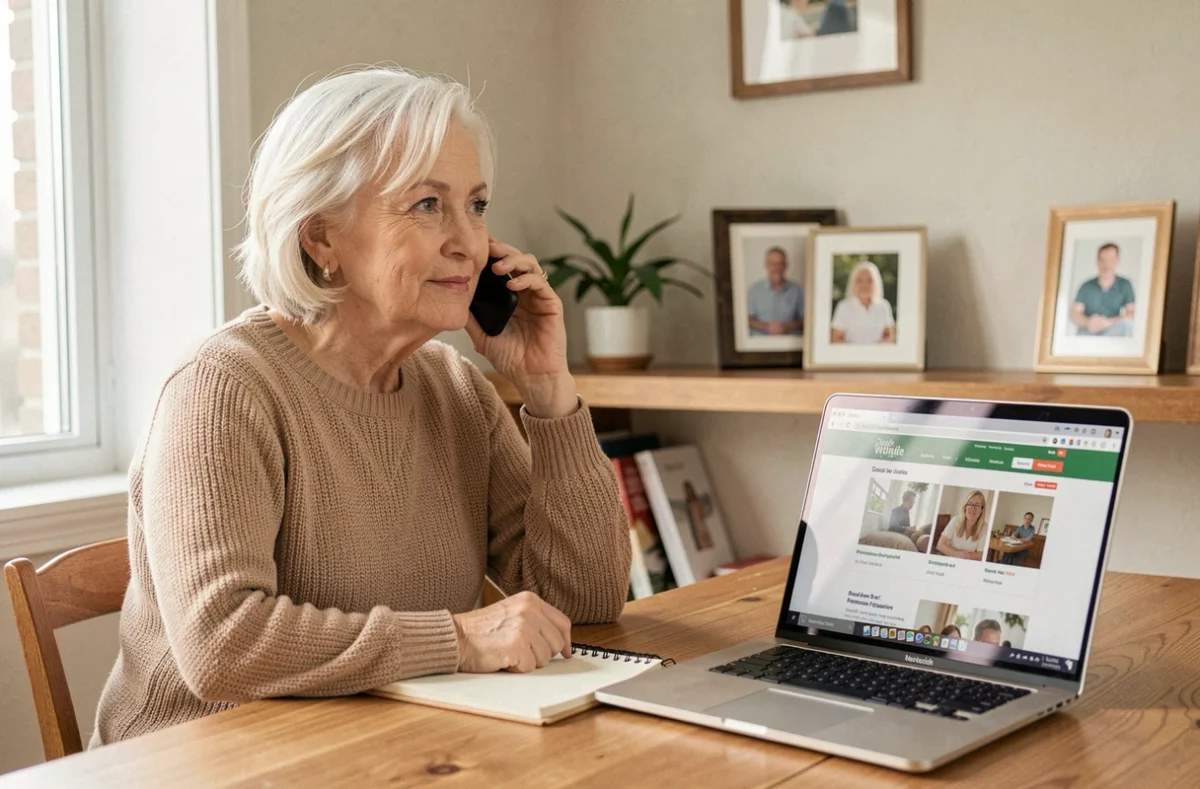 Femme âgée recherchant une garde senior de confiance en ligne depuis son bureau à domicile