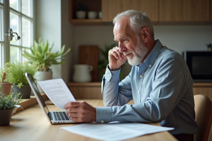 Senior retraité utilisant un ordinateur portable à la cuisine