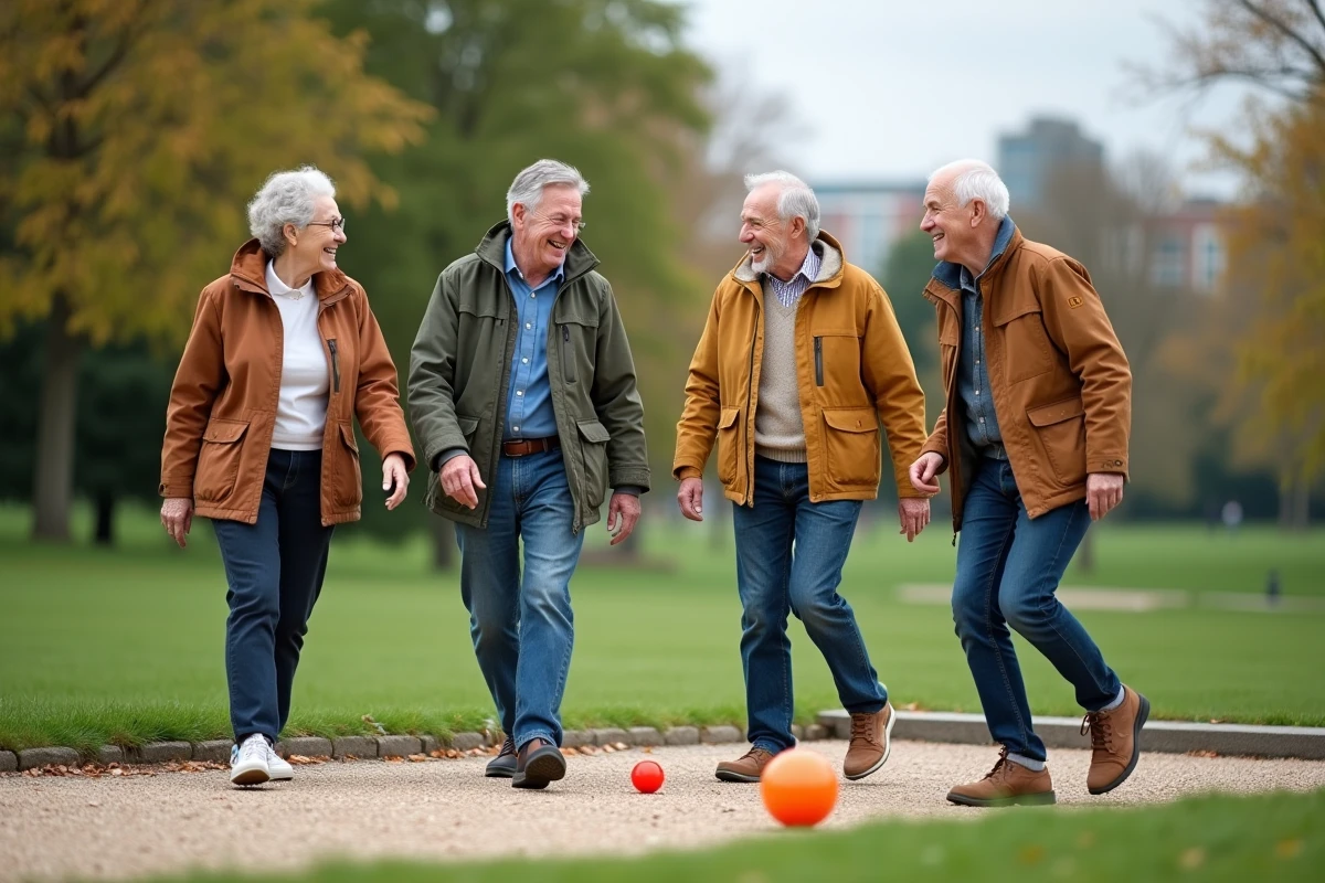 Groupe de quatre seniors jouant à la pétanque dans un parc verdoyant