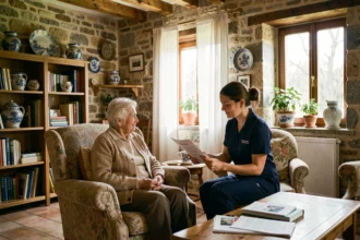 Une aide à domicile en uniforme accompagne une personne âgée dans son salon en Haute-Vienne, illustrant les services d'aide à domicile de la région