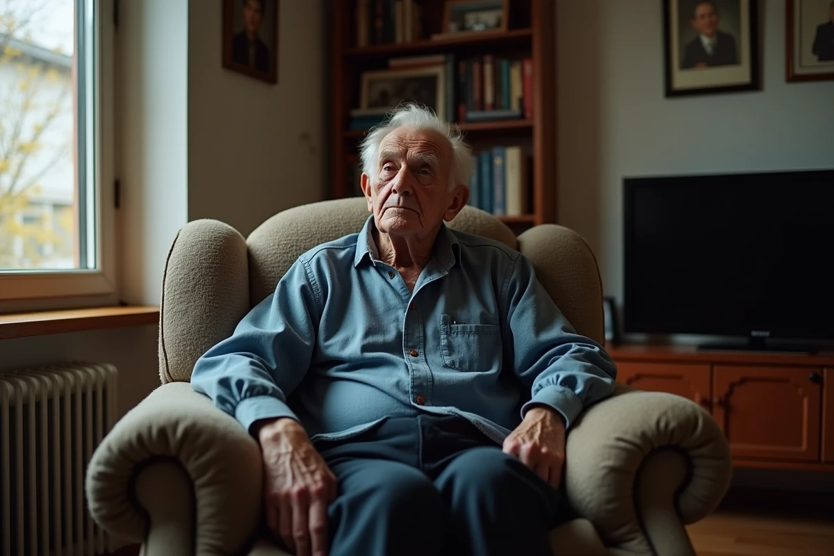 Homme âgé assis dans un fauteuil à domicile, attitude de somnolence et retrait, comportement observé en fin de vie