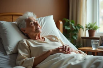 Femme âgée alitée dans une chambre de soins palliatifs, expression paisible, signes de fin de vie en maison de retraite