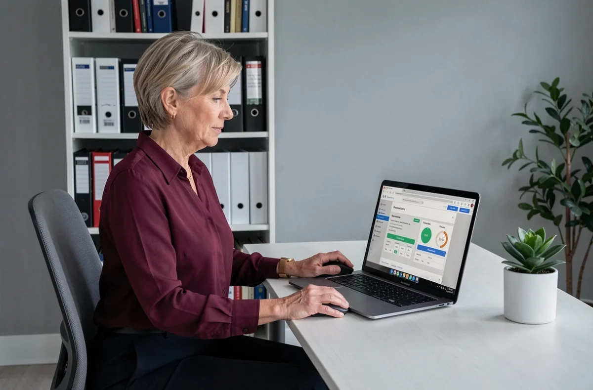 Femme utilisant un calculateur en ligne pour simuler sa future pension de retraite complémentaire