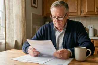 Homme retraité consultant ses documents de simulation de pension Agirc-Arrco à la table de cuisine