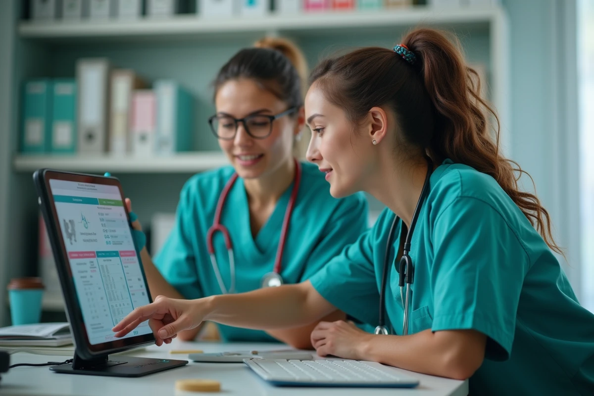 Deux soignantes collaborant sur une tablette avec le logiciel NETSoins au poste de soins infirmiers