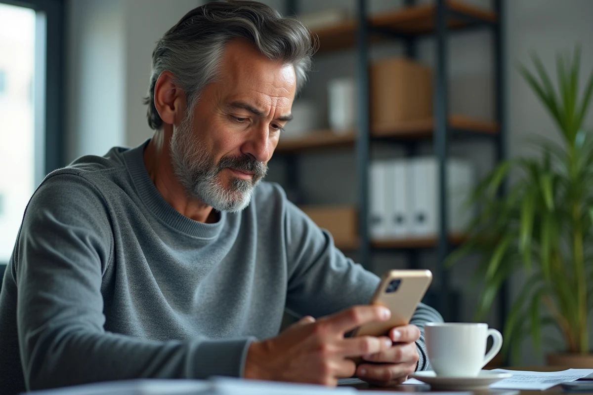 Fils vérifiant en temps réel la localisation GPS de son parent âgé atteint d'Alzheimer sur son téléphone