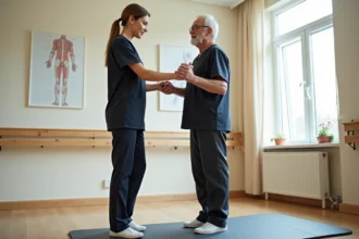 Physiothérapeute réalisant le test de Tinetti sur un patient âgé en centre de rééducation