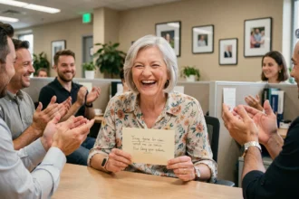 Femme à la retraite souriante tenant une carte d'adieu humoristique entourée de collègues dans un bureau