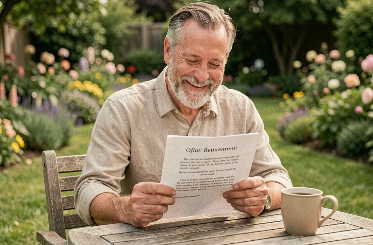 Homme retraité souriant lisant un discours humoristique de départ à la retraite dans son jardin