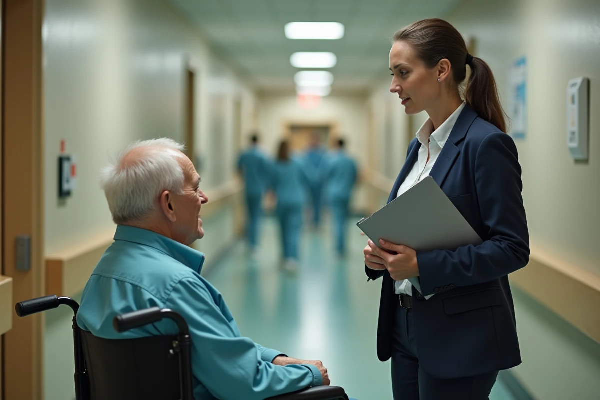 Travailleuse sociale discutant avec une personne âgée en fauteuil roulant dans un couloir hospitalier