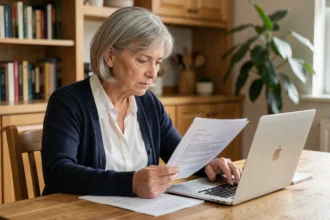 Femme âgée gérant des documents de tutelle sur un ordinateur portable à la maison