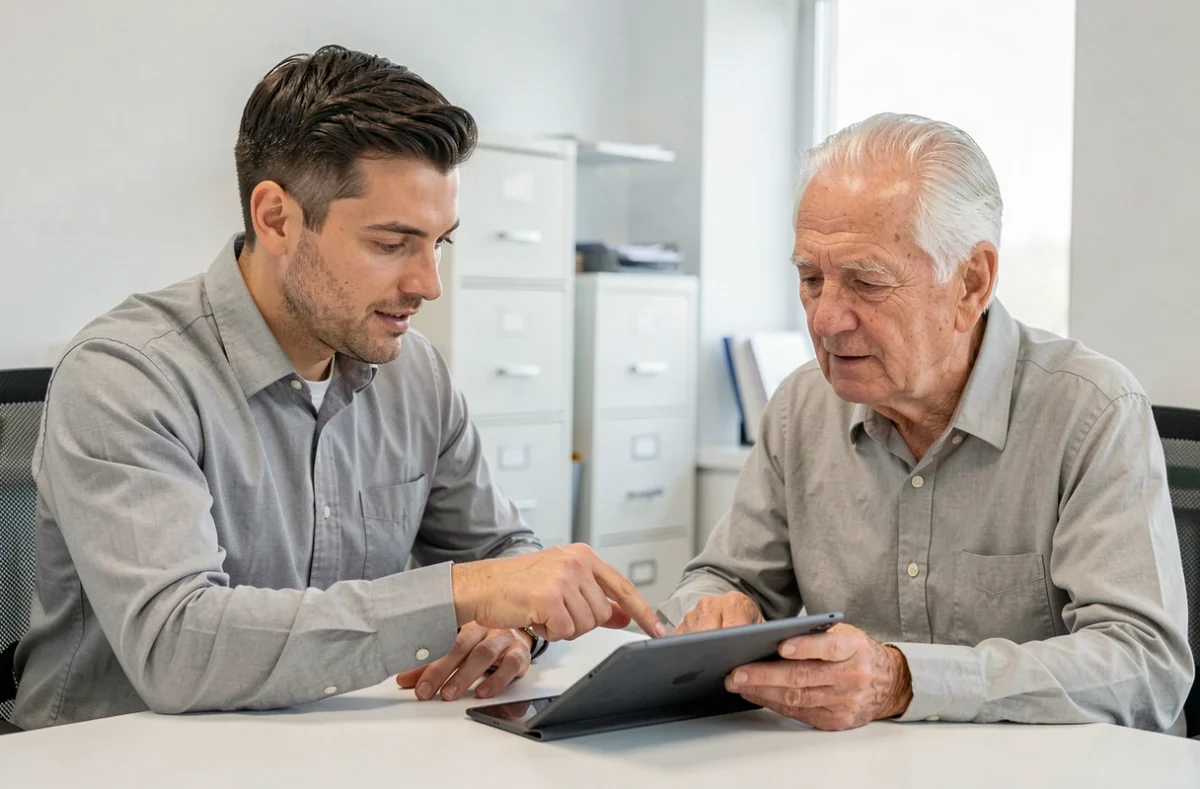 Tuteur légal accompagnant un proche âgé lors d'une consultation administrative avec une tablette numérique