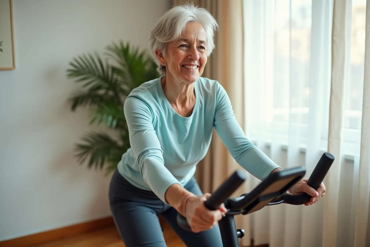 Femme senior pédalant sur un vélo d'appartement dans son salon, exercice doux pour les articulations