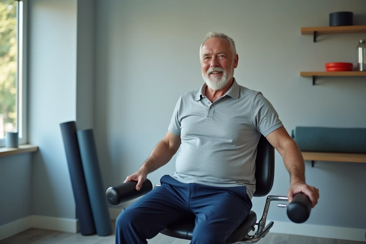 Homme âgé sur un vélo couché d'appartement en salle de rééducation, adapté à l'arthrose des genoux