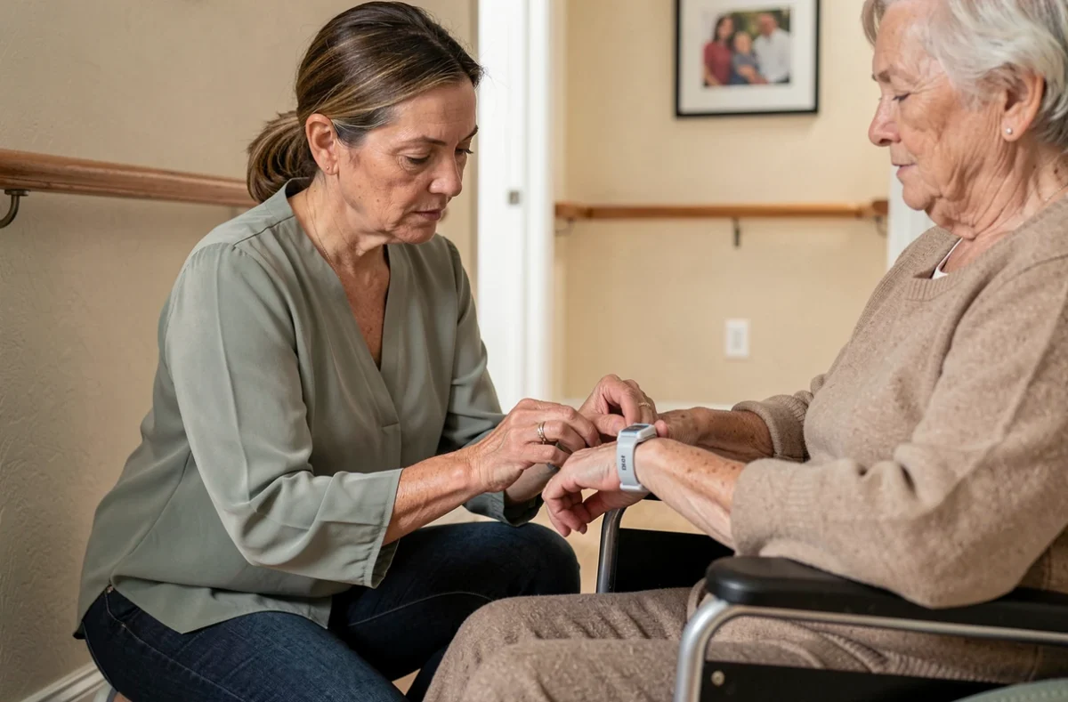 Aidante familiale vérifiant le bracelet anti-chute d'une personne âgée en fauteuil roulant dans un couloir de maison, bonne pratique pour éviter les erreurs