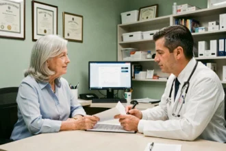 Une femme de 70 ans en consultation médicale pour le renouvellement de son permis de conduire chez son médecin généraliste
